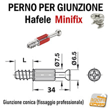 Load image into Gallery viewer, Perni per Giunzione Pannelli HAFELE Minifix Perno S200 lunghezza 34 mm conico foro D5 x 11 mm per eccentrico x Armadi