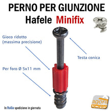 Load image into Gallery viewer, Perni per Giunzione Pannelli HAFELE Minifix Perno S200 mm 34 foro D5 x 11 mm per eccentrico x Armadi rosso gioco ridotto