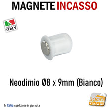 Carica l'immagine nel visualizzatore di Gallery, CALAMITA PER MOBILI MAGNETE INCASSO TONDO D8X9 NEODIMIO GRIGIO BIANCO per mobiletti per ante da incassare nel pannello per telai