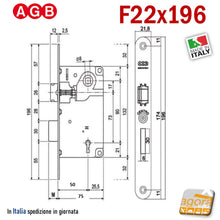 Carica l'immagine nel visualizzatore di Gallery, SERRATURA PORTA PATENT FRONTALE 22x196mm AGB CENTRO E50 INT90 OTTONE LUC F196x22 chiave normale con chiavistello cromato argento