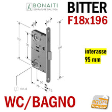 Carica l'immagine nel visualizzatore di Gallery, SERRATURA PORTA FRONTALE 18x196 E50 I95 BONAITI BITTER T62 WC BAGNO MONETA entrata 5cm interasse 9,5cm f 196mm