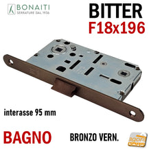 Carica l'immagine nel visualizzatore di Gallery, SERRATURA PORTA FRONTALE 18x196 E50 I95 BONAITI BITTER T62 BRONZO WC BAGNO MONETA BRONZATA entrata 5cm interasse 9,5cm f 196mm bronzo bronzata verniciata marrone
