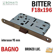 Carica l'immagine nel visualizzatore di Gallery, SERRATURA PORTA FRONTALE 18x196 E50 I95 BONAITI BITTER T62 BRONZO WC BAGNO MONETA BRONZATA entrata 5cm interasse 9,5cm f 196mm bronzo anticato lucido satinato bronzata bronze sat