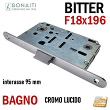 Load image into Gallery viewer, SERRATURA PORTA FRONTALE 18x196 E50 I95 BONAITI BITTER T62 CROMO LUCIDO WC BAGNO MONETA cromata lucida entrata 5cm interasse 9,5cm f 196mm door lock bonaiti original