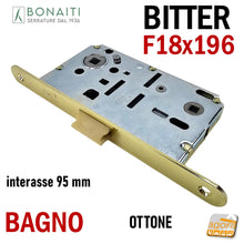 Load image into Gallery viewer, SERRATURA PORTA FRONTALE 18x196 E50 I95 BONAITI BITTER T62 Ottone lucido WC BAGNO MONETA entrata 5cm interasse 9,5cm f 196mm ottonata 19,6 cm meccanica