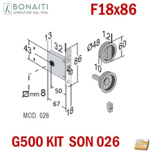 Carica l'immagine nel visualizzatore di Gallery, KIT Completo serratura porta scrigno scorrevole Bonaiti F 86x18mm Frontale 18x86 bagno wc kit SON 026 G500 4T026050 EASY