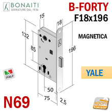 Carica l'immagine nel visualizzatore di Gallery, SERRATURA PORTA INTERNA MAGNETICA FORTY BONAITI N69 YALE FRONTALE 18X196MM E50 I85 48N69050 frontale 196x18 entrata 5cm per cilindri intercambiabili magnetiche scrocco centrale misure schema disegno tecnico