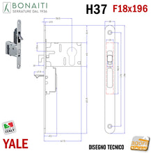 Carica l'immagine nel visualizzatore di Gallery, 40H3705099 H37 G500 Bonaiti Serratura porta scorrevole scrigno frontale 196x18 mm con foro per cilindro Yale Disegno tecnico