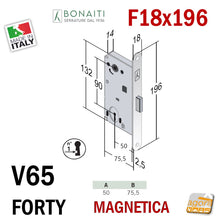 Carica l'immagine nel visualizzatore di Gallery, V65 NG Originale Bonaiti serratura magnetica per porte reversibili bonaiti b-forty N65 frontale 18x196mm frontale 19,6cm scrocco centrale nylon BONAITI N65 ottone lucido ottonata entrata 5cm 50mm interasse 9cm 90mm con chiave normale FORTY NG V65 48V651501E 48N651501E