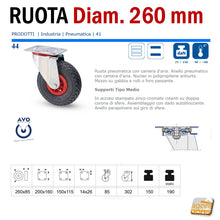 Carica l'immagine nel visualizzatore di Gallery, RUOTA AVO INDUSTRIA PER TERRENI DISCONNESSI PNEUMATICA PER CARRELLI IN GOMMA CON CAMERA D'ARIA MORBIDA GROSSA DIAMETRO 260MM D 26 CM CON SUPPORTO PESANTE GIREVOLE CON CUSCINETTI CON FRENO SENZA FRENO FISSA GOMMA NERA ALDO VALSECCHI AVO SERIE INDUSTRIA 44 PIASTRA FORATA MM 200X160 INTERASSE FORI 150X115MM