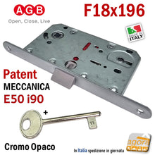 Load image into Gallery viewer, serratura porta AGB mediana evolution patent chiave normale Frontale 196x18mm tondo scrocco centrale in Nylon plastica entrata 50 mm interasse 90mm quadro maniglia 8x8 Meccanica