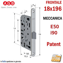 Load image into Gallery viewer, serratura porta AGB mediana evolution patent completa di chiave Frontale 18x196 mm tondo scrocco centrale in Nylon plastica entrata 50 mm interasse 90mm quadro maniglia 8x8 Meccanica