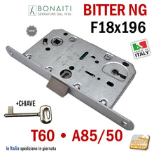 Carica l'immagine nel visualizzatore di Gallery, serratura porta Bonaiti Bitter NG A85-50 Frontale 196x18 mostrina 18x196 E50 I90 chiave patent linguetta centrale in plastica 48A851500093