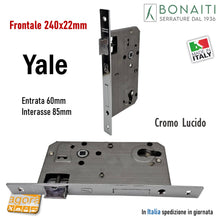 Load image into Gallery viewer, SERRATURA PORTA BONAITI C22P Frontale 22X240mm CROMO LUCIDO Entrata 60 mm Interasse 85 mm Quadro 8x8 modello cilindro YALE BORDO QUADRO rettangolare 48C22060C5 OKAY