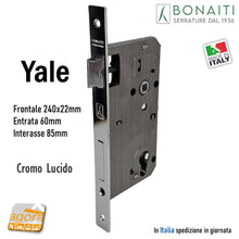 Load image into Gallery viewer, SERRATURA PORTA BONAITI C22P Frontale 22X240mm CROMO LUCIDO Entrata 60 mm Interasse 85 mm Quadro 8x8 modello cilindro YALE BORDO QUADRO rettangolare 48C22060C5 OKAY