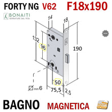 Carica l'immagine nel visualizzatore di Gallery, serratura magnetica per porte interne bonaiti Forty New Generation V62 frontale 18x190mm entrata 50mm interasse 96mm wc bagno doppio quadro 8x8 6x6 cromo opaco argento
