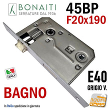Carica l'immagine nel visualizzatore di Gallery, serratura per porta bagno wc toilet patent piccola frontale quadro 190x20 mm 20x190 entrata 40mm interasse maniglia nottolino 70mm Bonaiti 045P 45BP Grigio verniciato Argentata satinata cromata opaca doppio quadrotto