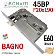 Carica l'immagine nel visualizzatore di Gallery, serratura per porta bagno wc toilet patent piccola frontale quadro 190x20 mm 20x190 entrata 60mm interasse maniglia nottolino 70mm Bonaiti 045P 45BP Grigio verniciato Argentata cromato opaco nottolino