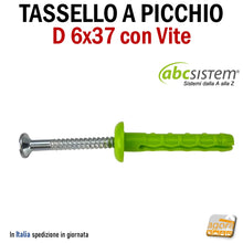 Carica l'immagine nel visualizzatore di Gallery, Tassello in nylon di colore verde con testa bombata e viti in acciaio zincate a picchio a percussione da martellare 6x37 D6x40 tasselli per cartongesso con collare ABC SISTEM o AKIFIX
