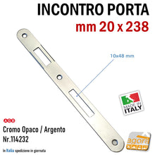 Carica l'immagine nel visualizzatore di Gallery, Riscontro Gaccia F20 mm 238x20 cromo opaco x Serrature Porta Patent Incontro Contropiastra Sp 2mm foro scrocco 34x12 foro linguetta 10x48mm