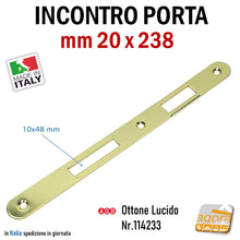 Carica l'immagine nel visualizzatore di Gallery, Riscontro Gaccia F20 mm 238x20 Ottone Lucido x Serrature Porta Patent Incontro Contropiastra Sp 2mm foro scrocco 12x34mm foro linguetta 10x48mm AGB Originale ottonata