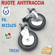 Carica l'immagine nel visualizzatore di Gallery, RUOTA RUOTE PER MOBILI GIREVOLI ROTELLE STAFFA CARELLO CROMATO TRASPORTO PER CARRELLO CON PERNO FILETTO M12 D100MM FRENO AVO VALSECCHI ITALIA CON CUSCINETTO ANTITRACCIA ANTIMACCHIA ANTIFILO RUOTE