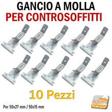 Carica l'immagine nel visualizzatore di Gallery, GANCIO CON MOLLA PER PROFILO SOFFITTO CARTONGESSO 50x15 50x27 CONTROSOFFITTO SOSPENSIONE PENDINO 10 pezzi