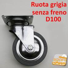 Carica l'immagine nel visualizzatore di Gallery, RUOTA GIREVOLE IN GOMMA GRIGIA DIAMETRO 100 MM 10CM CON PIASTRA 90x70MM CON FRENO E SENZA FRENO RUOTE AVO SERIE 155 - 155BIS CROMATA ANTITRACCIA ANTIFILO ANTIMACCHIA SU CUSCINETTI VISTA FIANCO ROTELLE