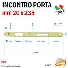 Carica l'immagine nel visualizzatore di Gallery, Riscontri serratura meccanica x porta Gaccia F20 mm 238x20 Ottone Lucido x Serrature Porta Patent Incontro Contropiastra Sp 2mm foro scrocco 12x34mm foro linguetta 10x48mm AGB Originale ottonata
