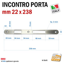Carica l'immagine nel visualizzatore di Gallery, Riscontro Gaccia F22 mm 238x22 cromo opaco x Serrature Porta Patent Incontro Contropiastra sp 2 mm mm22x43x34x54x48x59 sp2mm foro scrocco 10x34mm foro linguetta 9x48mm distanza tra i 2 fori 54mm con 3 fori vite