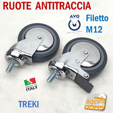 Carica l'immagine nel visualizzatore di Gallery, RUOTA RUOTE PER MOBILI GIREVOLI ROTELLE STAFFA CARELLO CROMATO TRASPORTO PER CARRELLO CON PERNO FILETTO M12 D100MM FRENO AVO VALSECCHI ITALIA CON CUSCINETTO ANTITRACCIA ANTIMACCHIA ANTIFILO