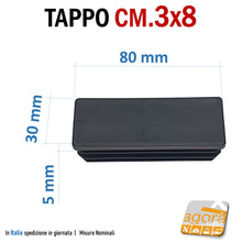 Carica l'immagine nel visualizzatore di Gallery, MISURE TAPPO RETTANGOLARE mm 30x80 NERO PUNTALE PLASTICA cm 3x8 SOTTOPIEDE ALETTATO TAPPI NERI - INSERTO ALETTATO CON LAMELLE PLASTICA NERA BELLO BEN RIFINITO IN PRONTA CONSEGNA