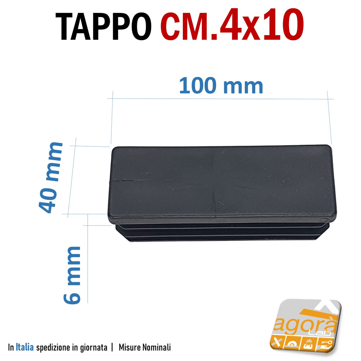 5 Tappi Rettangolari Neri 100x40mm - Per Tubi, In PE, Con Fissaggio A Lamelle