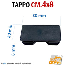 Carica l'immagine nel visualizzatore di Gallery, mm80x40 - BLACK Finned head cover insole cap for tubular metal tubular tubes to be pressed in. Toe cap with wings for metal carpentry table structures frames. In well finished quality black plastic. Cap Caps End Caps Rectangular Plastic tube sealing lids. mm40x80 cm8x4 price industrial distributor manufacturer production of plastic materials. Caps available fast shipping.