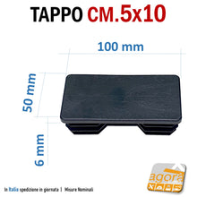 Carica l'immagine nel visualizzatore di Gallery, mm100x50 - BLACK Finned head cover insole cap for tubular metal tubular tubes to be pressed in. Toe cap with wings for metal carpentry table structures frames. In well finished quality black plastic. Cap Caps End Caps Rectangular Plastic tube sealing lids. mm50x100 cm10x5 price industrial distributor manufacturer production of plastic materials. Caps available fast shipping.