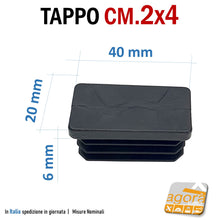 Carica l'immagine nel visualizzatore di Gallery, TAPPI TAPPO RETTANGOLARE 20x40 NERO PUNTALE PLASTICA cm 2x4 SOTTOPIEDE ALETTATO puntale copertura per tubolari profilati 4x2cm