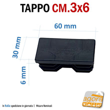 Carica l'immagine nel visualizzatore di Gallery, tappi per tubolari in metallo cavi rettangolari mm 30x60 h6mm con alette