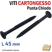 Carica l'immagine nel visualizzatore di Gallery, Viti nere fosfatate per pareti in lastre di cartongesso tripla lastra 3.5x45mm inserto PH2 a croce testa piana svasata punta chiodo adatta per lamierino metallico filetto per struttura CTG