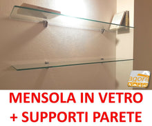 Load image into Gallery viewer, GLASS SHELF CRYSTAL SHELF CM.24X116 THICKNESS 8MM WITH SUPPORTS FOR BOOKCASE WALL