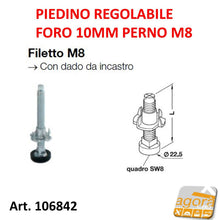 Carica l'immagine nel visualizzatore di Gallery, 4pz PIEDI PIEDE PIEDINO REGOLABILE PER MOBILI FORO 10mm ZINCATO M8mm CON PIATTELLO schema