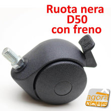 Carica l'immagine nel visualizzatore di Gallery, 4PZ RUOTE C/PERNO FILETTATO M10 X 15MM RUOTA CON FRENO SENZA FRENO GIREVOLE D.50mm NERA