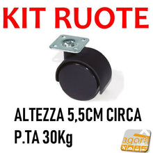 Carica l'immagine nel visualizzatore di Gallery, 4PZ RUOTE RUOTA C/PIASTRA GIREVOLE DIAM. 40MM PLASTICA NERA H 5,5CM PORTATA 30KG girevole