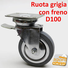 Carica l'immagine nel visualizzatore di Gallery, RUOTA GIREVOLE IN GOMMA GRIGIA DIAMETRO 100 MM 10CM CON PIASTRA 90x70MM CON FRENO E SENZA FRENO RUOTE AVO SERIE 155 - 155BIS CROMATA ANTITRACCIA ANTIFILO ANTIMACCHIA SU CUSCINETTI RICAMBIO CON FRENO NUOVA