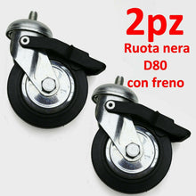 Load image into Gallery viewer, 4pz RUOTE RUOTA D80mm CON PERNO FILETTATO M10x15 C/FRENO S/FRENO CROMATA GIREVOLE 1
