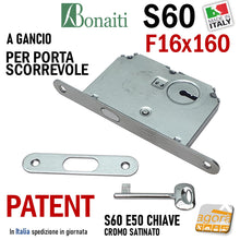 Carica l'immagine nel visualizzatore di Gallery, SERRATURA PORTA SCORREVOLE GANCIO FRONTALE 16x160mm BONAITI 60/50 CROMO SATINATO PATENT +CHIAVE +INCONTRO serrature scrocco a uncino gancio per scrigno f 16x1,6cm con chiave
