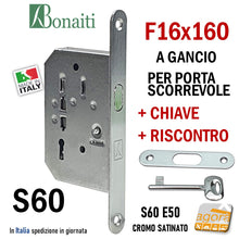 Carica l'immagine nel visualizzatore di Gallery, SERRATURA PORTA SCORREVOLE A GANCIO FRONTALE 16x160mm BONAITI 60/50 CROMO SATINATO PATENT KIT CON CHIAVE CON INCONTRO serrature scrocco a uncino gancio per scrigno f 16x1,6cm Patent S60 entrata 5cm completa di riscontro