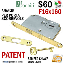 Carica l'immagine nel visualizzatore di Gallery, SERRATURA PORTA SCORREVOLE A GANCIO FRONTALE 16x160mm BONAITI 60-50 Ottone Lucido Finitura Ottonata PATENT KIT CON CHIAVE CON INCONTRO serrature scrocco a uncino gancio per scrigno f 16x1,6cm Patent S60 entrata 5cm completa di riscontro Gialla
