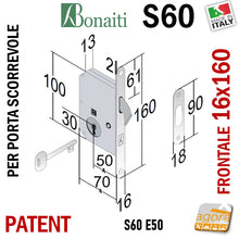 Carica l'immagine nel visualizzatore di Gallery, disegno quotato tecnico misure SERRATURA PORTA SCORREVOLE A GANCIO FRONTALE 16x160mm BONAITI 60-50 Ottone Lucido Finitura Ottonata PATENT KIT CON CHIAVE CON INCONTRO serrature scrocco a uncino gancio per scrigno f 16x1,6cm Patent S60 entrata 5cm completa di riscontro Gialla
