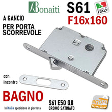 Load image into Gallery viewer, SERRATURA PORTA SCORREVOLE GANCIO UNCINO FRONTALE F16x160mm BONAITI 61/50 CROMO SATINATO BAGNO WC MONETA LIBERO-OCCUPATO INCONTRO serrature scrocco a gancio per scrigno f 16x1,6cm kit con riscontro S61 entrata 5cm per locali pubblici