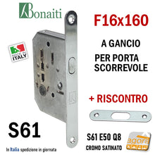 Load image into Gallery viewer, SERRATURA PORTA SCORREVOLE GANCIO UNCINO FRONTALE F16x160mm BONAITI 61/50 CROMO SATINATO BAGNO WC MONETA LIBERO-OCCUPATO INCONTRO serrature scrocco a gancio per scrigno f 16x1,6cm kit con riscontro S61 entrata 5cm per locali pubblici door lock
